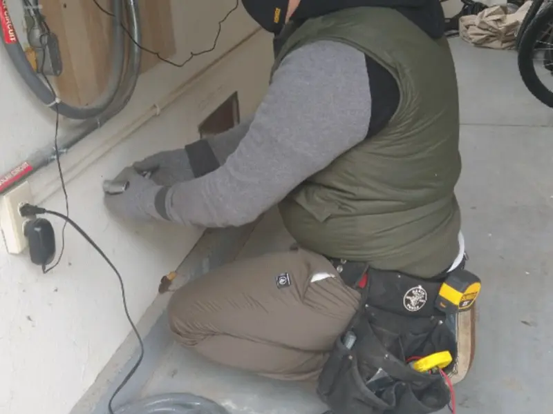 Electrician performing outlet wiring in a Hamburg garage